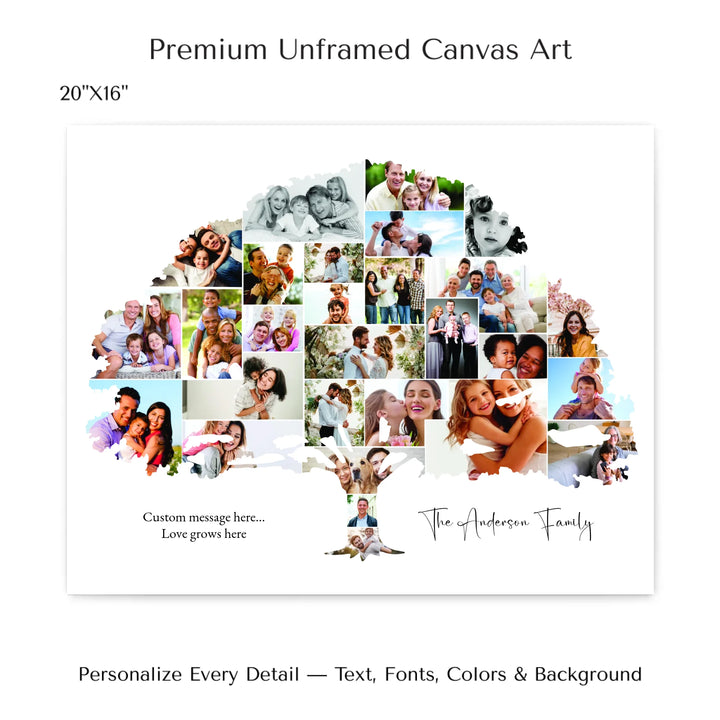 Custom Photo Family Tree Wall Art with personalized family photos and optional name and message-20x16 stretched canvas-ARTFULANE