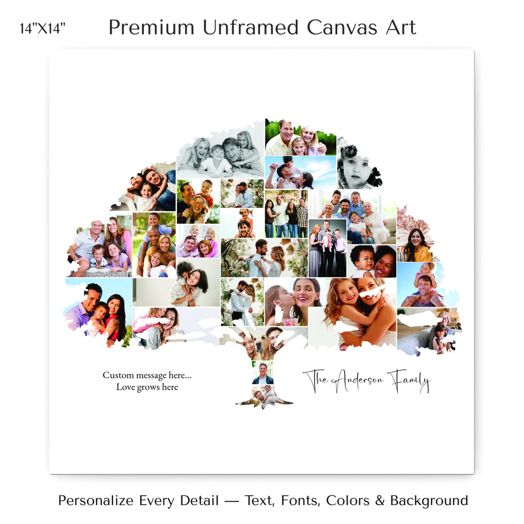 Custom Photo Family Tree Wall Art with personalized family photos and optional name and message-14x14 stretched canvas-ARTFULANE