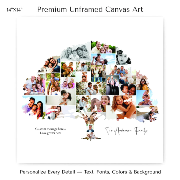 Custom Photo Family Tree Wall Art with personalized family photos and optional name and message-14x14 stretched canvas-ARTFULANE