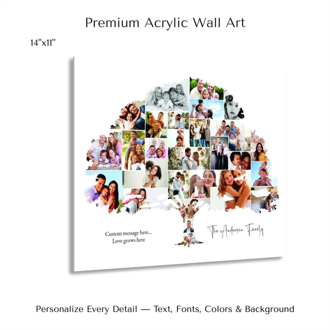 Custom Photo Family Tree Wall Art with personalized family photos and optional name and message-14x11 acrylic print with french cleat-ARTFULANE
