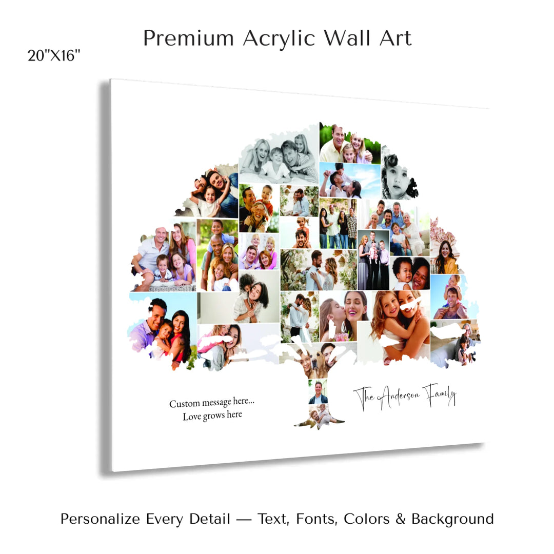 Custom Photo Family Tree Wall Art with personalized family photos and optional name and message-20x16 acrylic print with french cleat-ARTFULANE