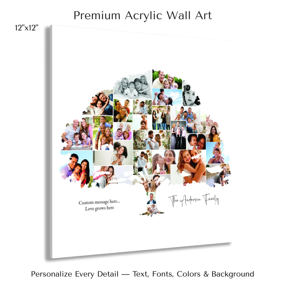 Custom Photo Family Tree Wall Art with personalized family photos and optional name and message-12x12 acrylic print with french cleat-ARTFULANE