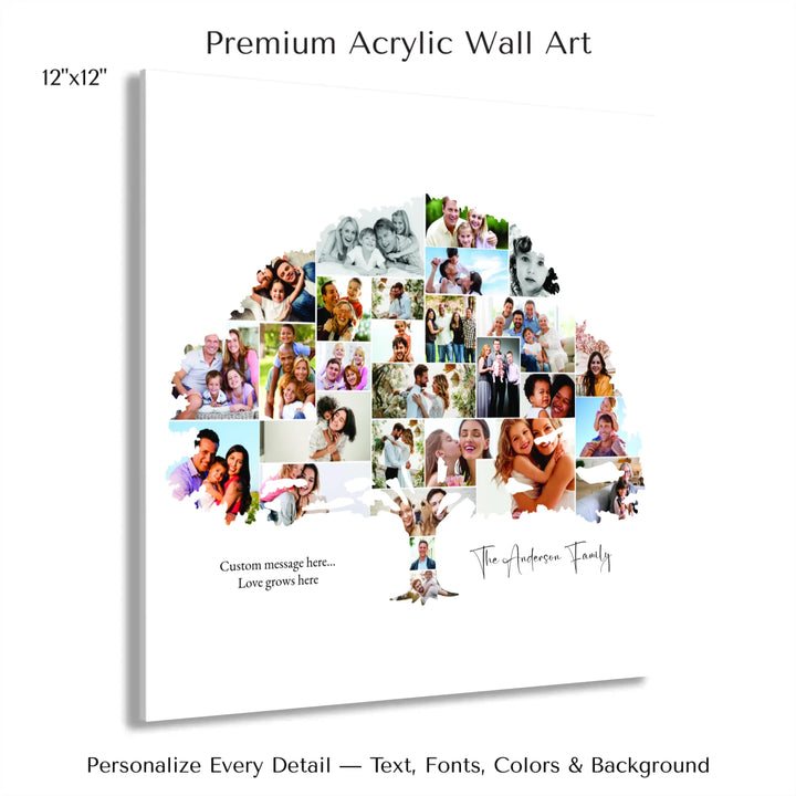 Custom Photo Family Tree Wall Art with personalized family photos and optional name and message-12x12 acrylic print with french cleat-ARTFULANE