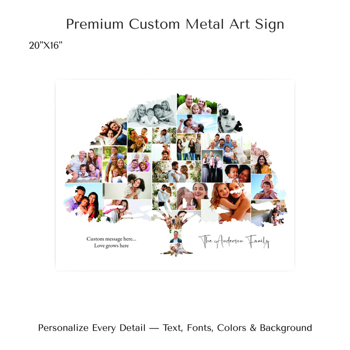 Custom Photo Family Tree Wall Art with personalized family photos and optional name and message-20x16 metal art sign-ARTFULANE