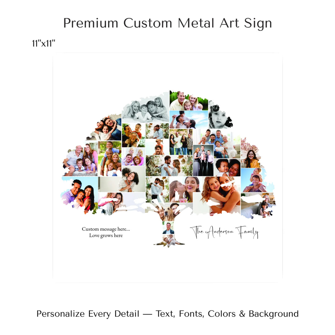 Custom Photo Family Tree Wall Art with personalized family photos and optional name and message-11x11 metal art sign-ARTFULANE