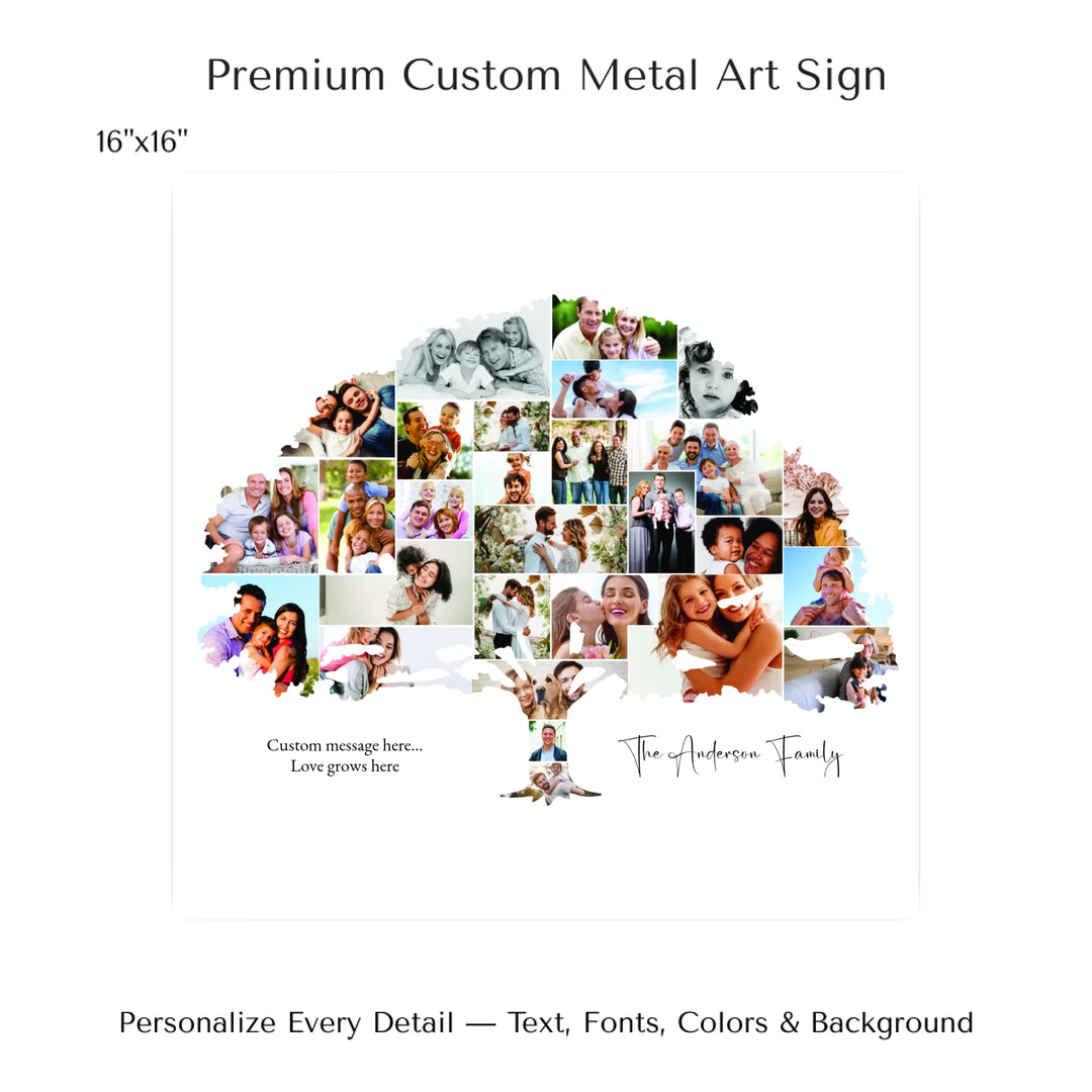 Custom Photo Family Tree Wall Art with personalized family photos and optional name and message-16x16 metal art sign-ARTFULANE