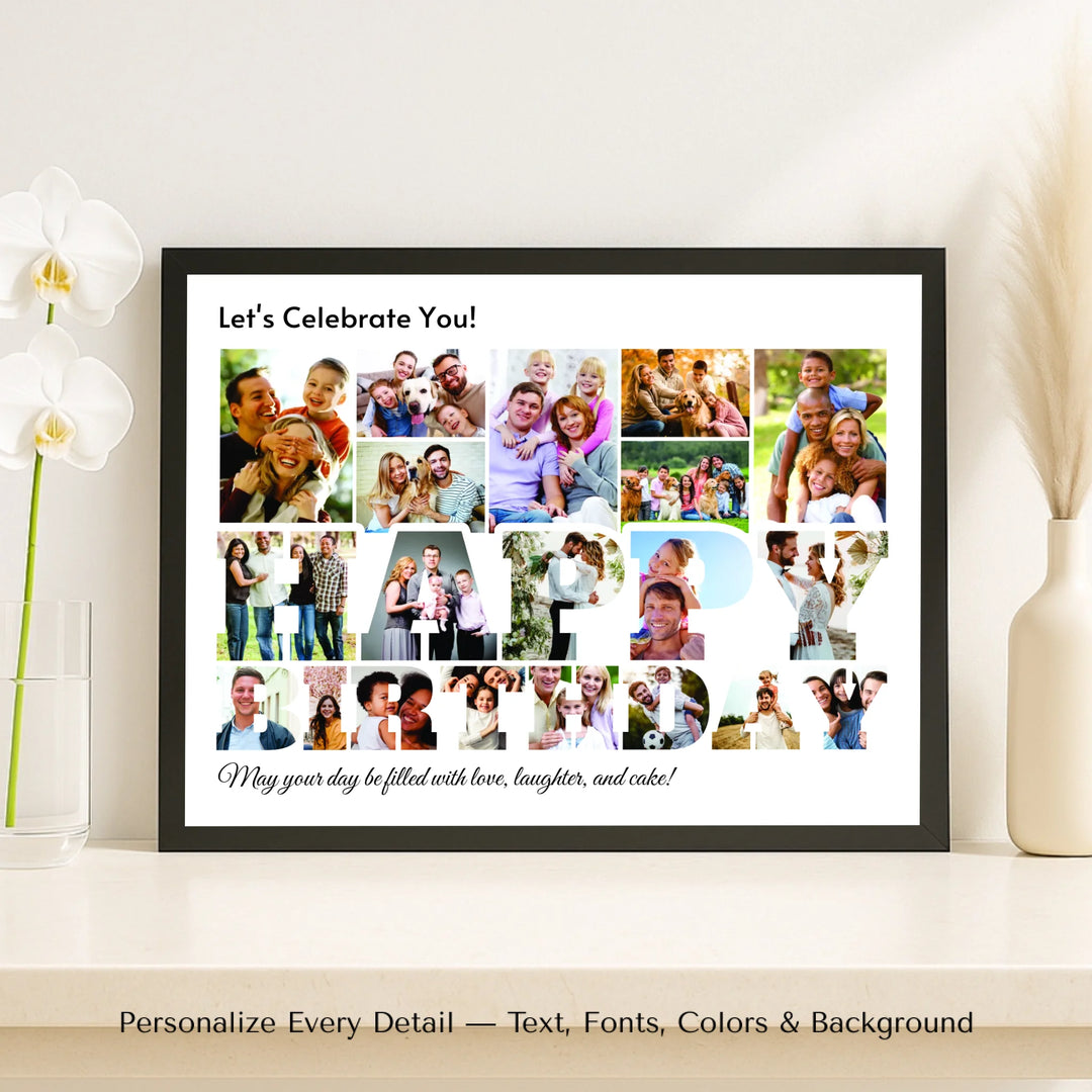 Custom Photo Birthday Wall Art with personalized HAPPY BIRTHDAY letters made from family photos-framed canvas on shelf-ARTFULANE
