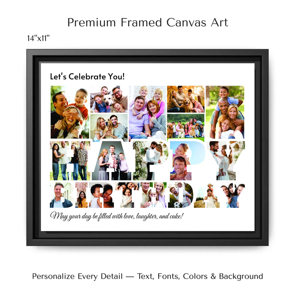 Custom Photo Birthday Wall Art with personalized HAPPY BIRTHDAY letters made from family photos-14x11 framed canvas-ARTFULANE