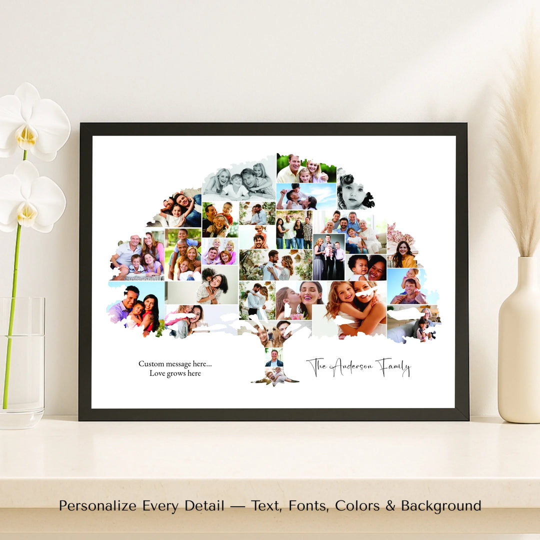 Custom Photo Family Tree Wall Art with personalized family photos and optional name and message-framed canvas on shelf-ARTFULANE