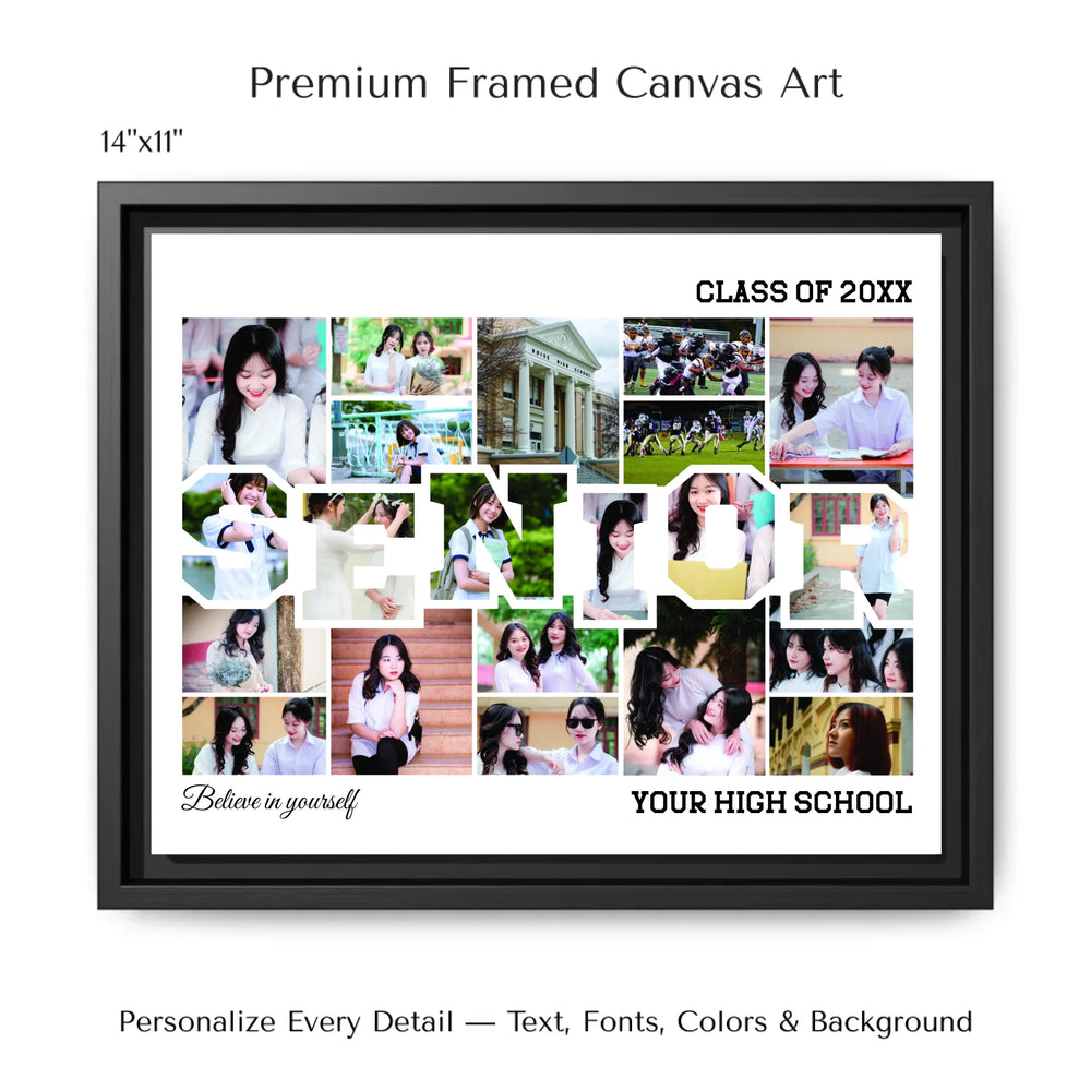 Custom Photo Senior Wall Art featuring SENIOR lettering with graduation photos and additional photo columns-14x11 framed canvas-ARTFULANE