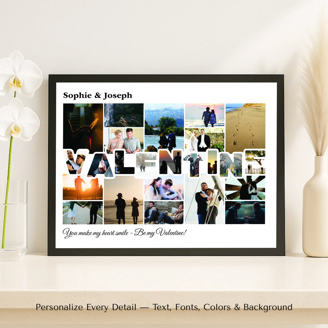 Custom Photo Valentine Wall Art with personalized VALENTINE lettering made from couple photos, framed romantic wall décor-framed canvas on shelf-ARTFULANE