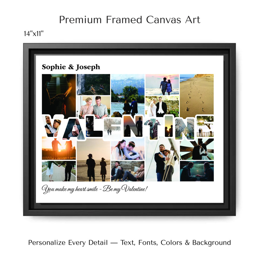 Custom Photo Valentine Wall Art with personalized VALENTINE lettering made from couple photos, framed romantic wall décor-14x11 framed canvas-ARTFULANE