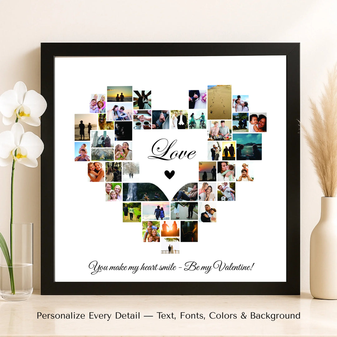 Custom Photo Heart Wall Art featuring a heart-shaped photo border with Love text in the center, personalized romantic wall décor-framed canvas on shelf-ARTFULANE