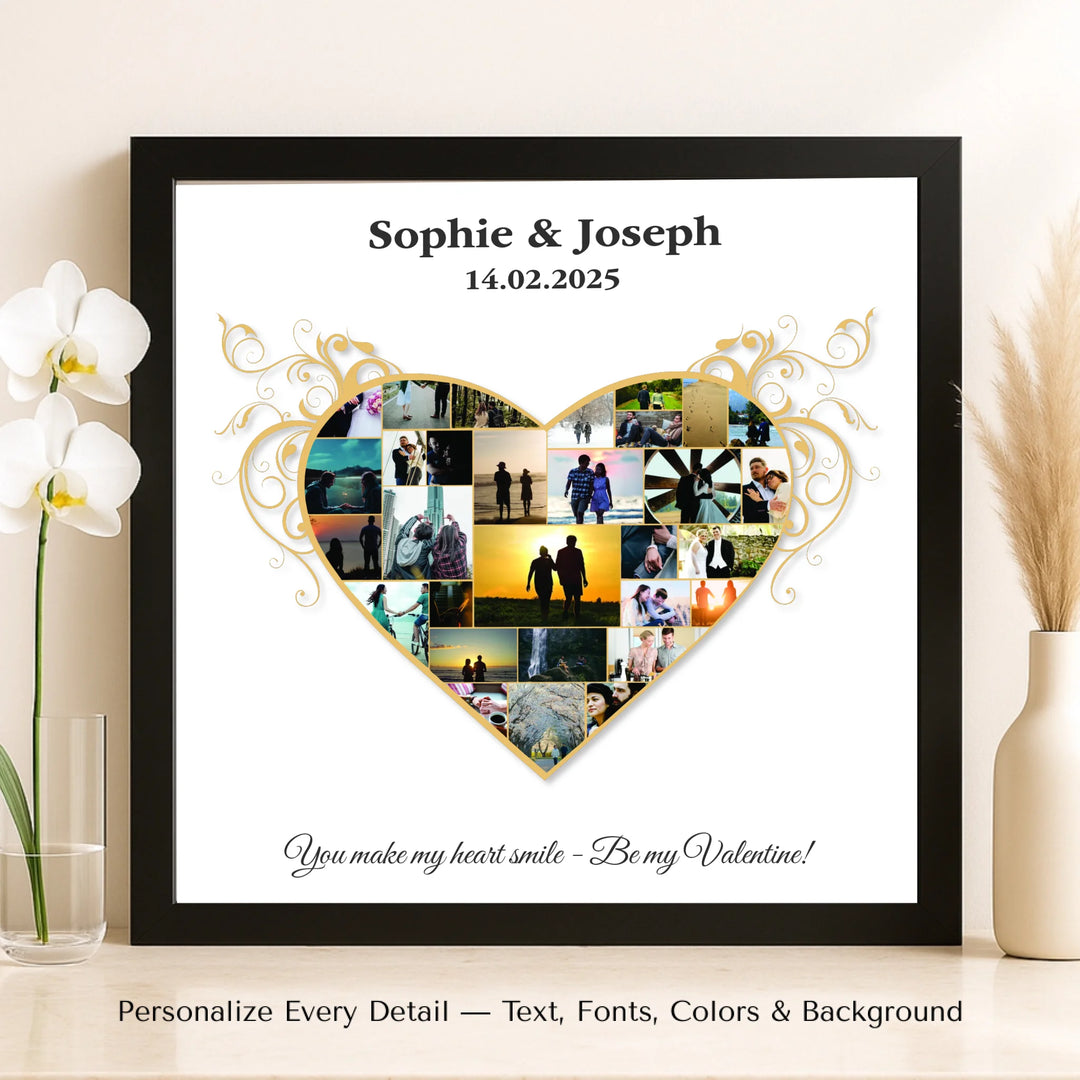 Custom Photo Heart Wall Art with small photos forming a heart shape, surrounded by elegant golden swirls and personalized text-framed canvas on shelf-ARTFULANE