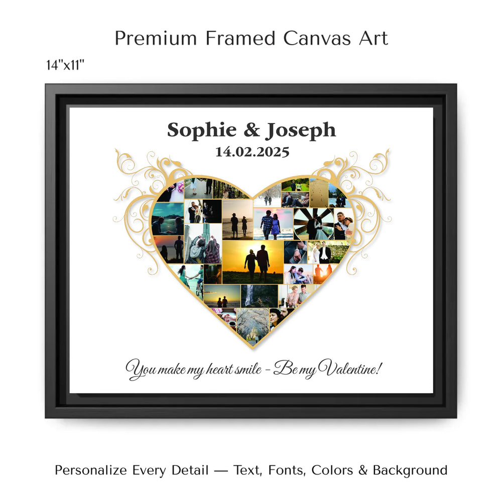 Custom Photo Heart Wall Art with small photos forming a heart shape, surrounded by elegant golden swirls and personalized text-14x11 framed canvas-ARTFULANE