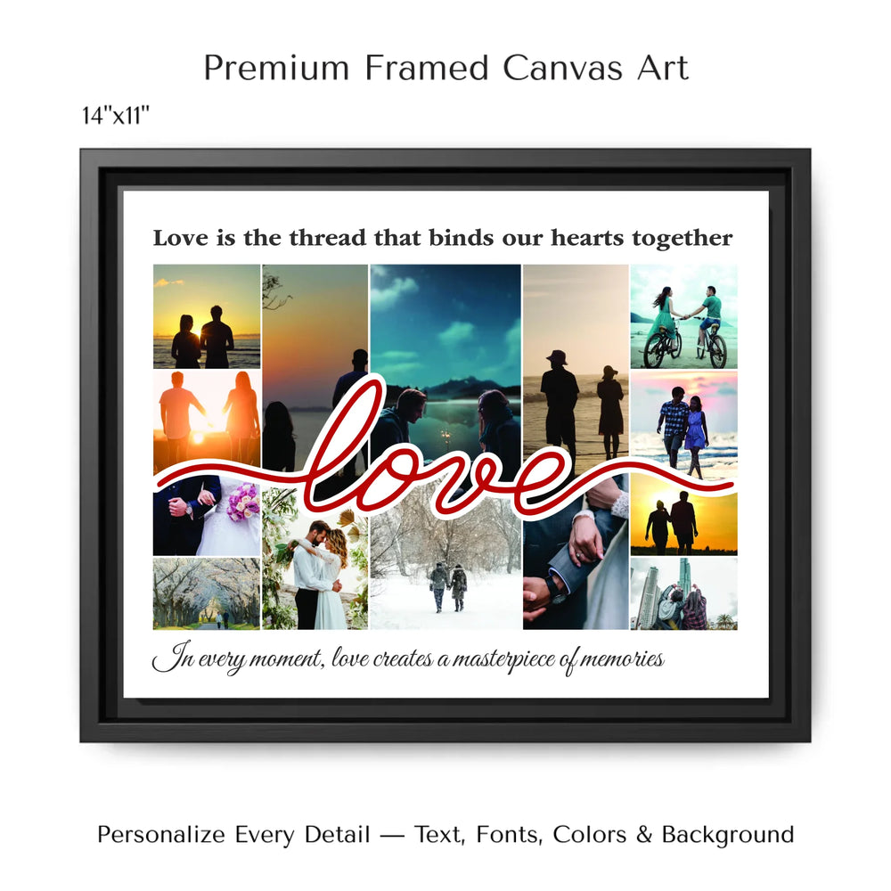 Custom Photo Love Wall Art with elegant script Love text and personalized photo collage above and below, romantic wall décor-14x11 framed canvas-ARTFULANE