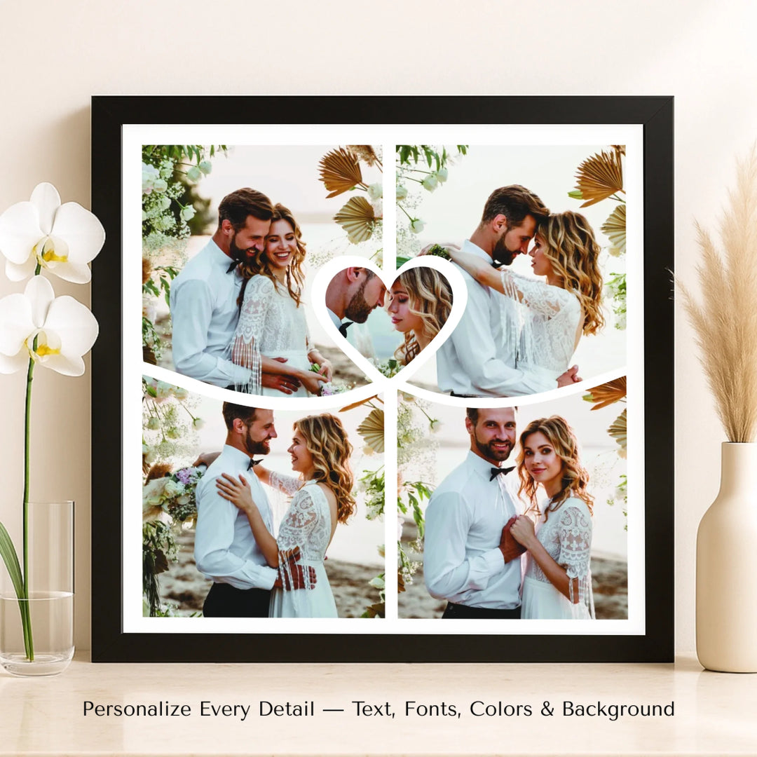 Custom Photo Center Heart Wall Art with four square photos and a central heart image, personalized black and white or color wall décor-framed canvas on shelf-ARTFULANE