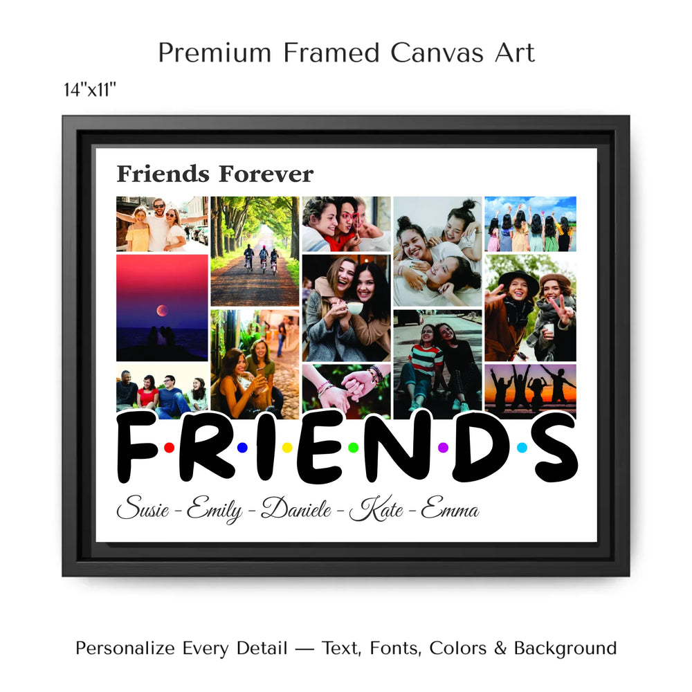 Custom Photo Friends Wall Art with photo collage on top and FRIENDS text at the bottom, personalized friendship wall décor-14x11 framed canvas-ARTFULANE