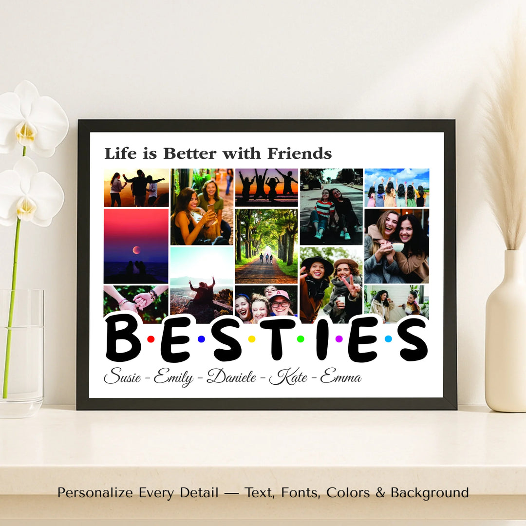 Custom Photo Besties Wall Art with photo collage on top and BESTIES text at the bottom, personalized friendship wall décor-framed canvas on shelf-ARTFULANE