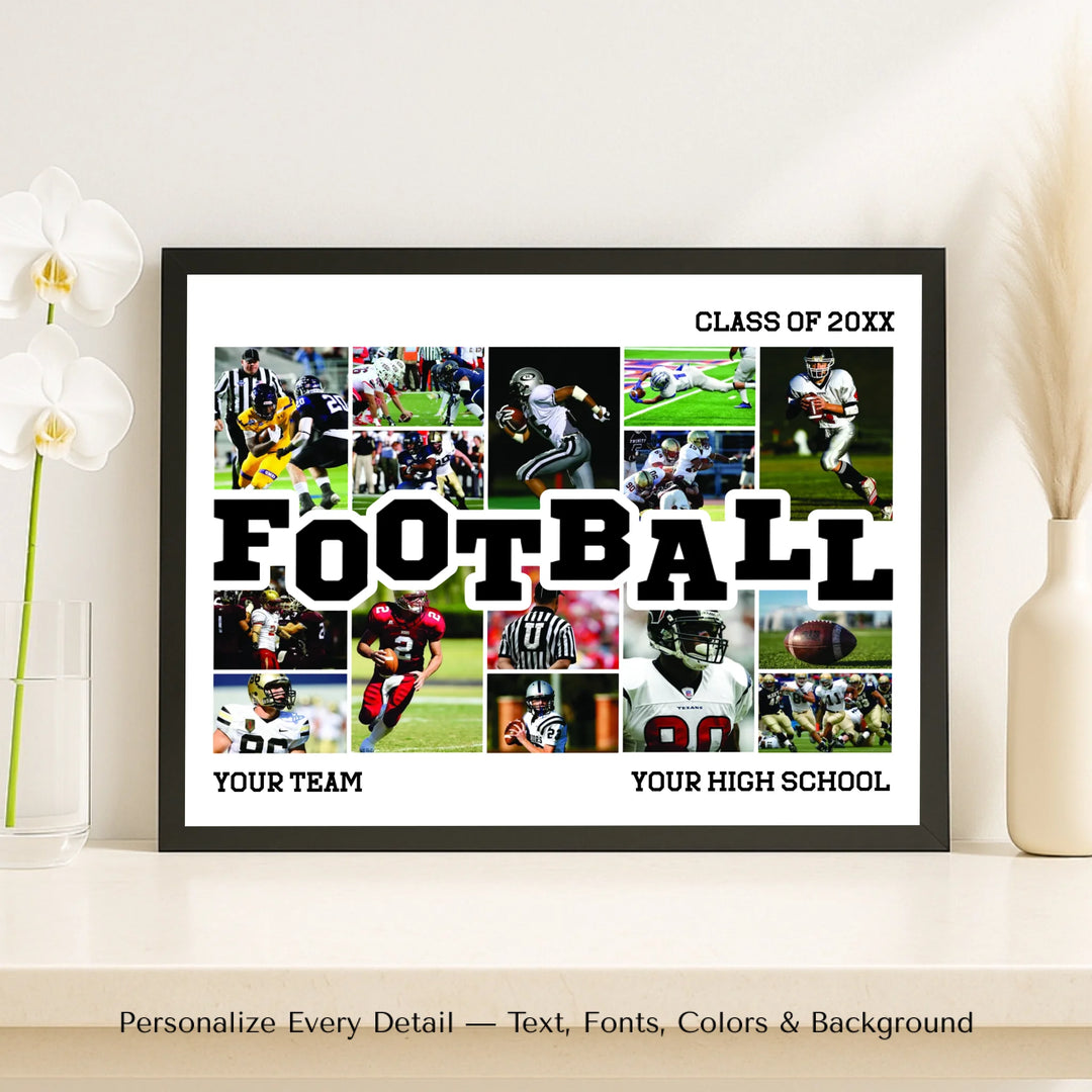 Custom Photo Football Wall Art with action photo collage and varsity FOOTBALL lettering, personalized sports wall décor-framed canvas on shelf-ARTFULANE