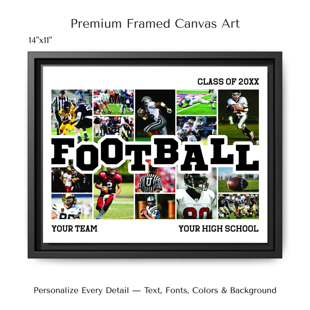 Custom Photo Football Wall Art with action photo collage and varsity FOOTBALL lettering, personalized sports wall décor-14x11 framed canvas-ARTFULANE