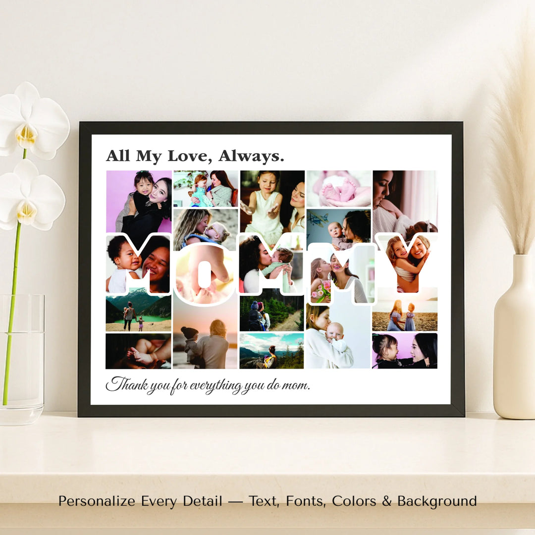 Custom Photo Mommy Wall Art with photo collage and MOMMY block letters filled with family photos, personalized mother’s wall décor-framed canvas on shelf-ARTFULANE