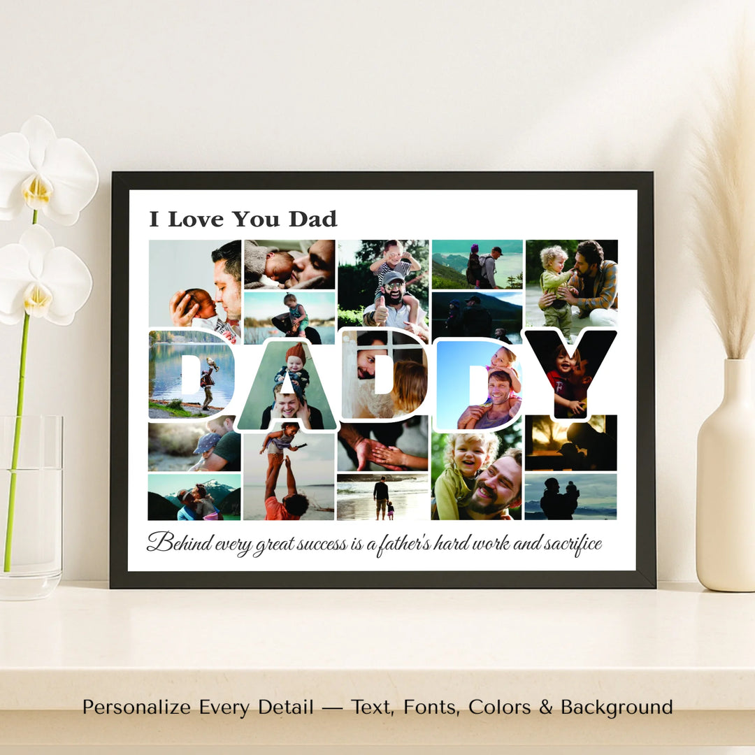 Custom Photo Daddy Wall Art with photo collage and DADDY block letters filled with family photos, personalized father’s wall décor-framed canvas on shelf-ARTFULANE