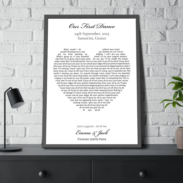 Custom Heart Song Lyrics Wall Art personalized with song lyrics in heart shape-28x40 framed poster on table-ARTFULANE