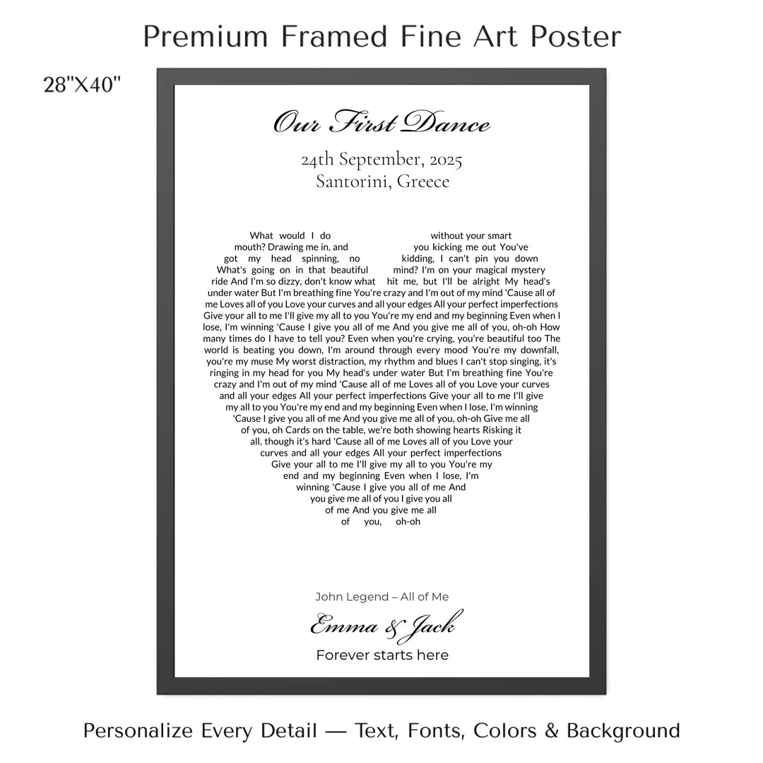 Custom Heart Song Lyrics Wall Art personalized with song lyrics in heart shape-28x40 framed poster-ARTFULANE