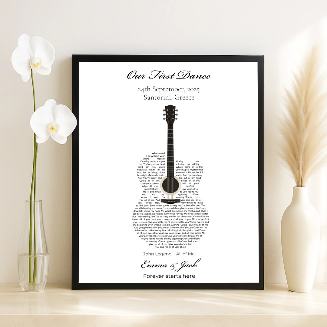 Custom Heart Song Lyrics Wall Art personalized with song lyrics in heart shape-framed canvas on table-ARTFULANE