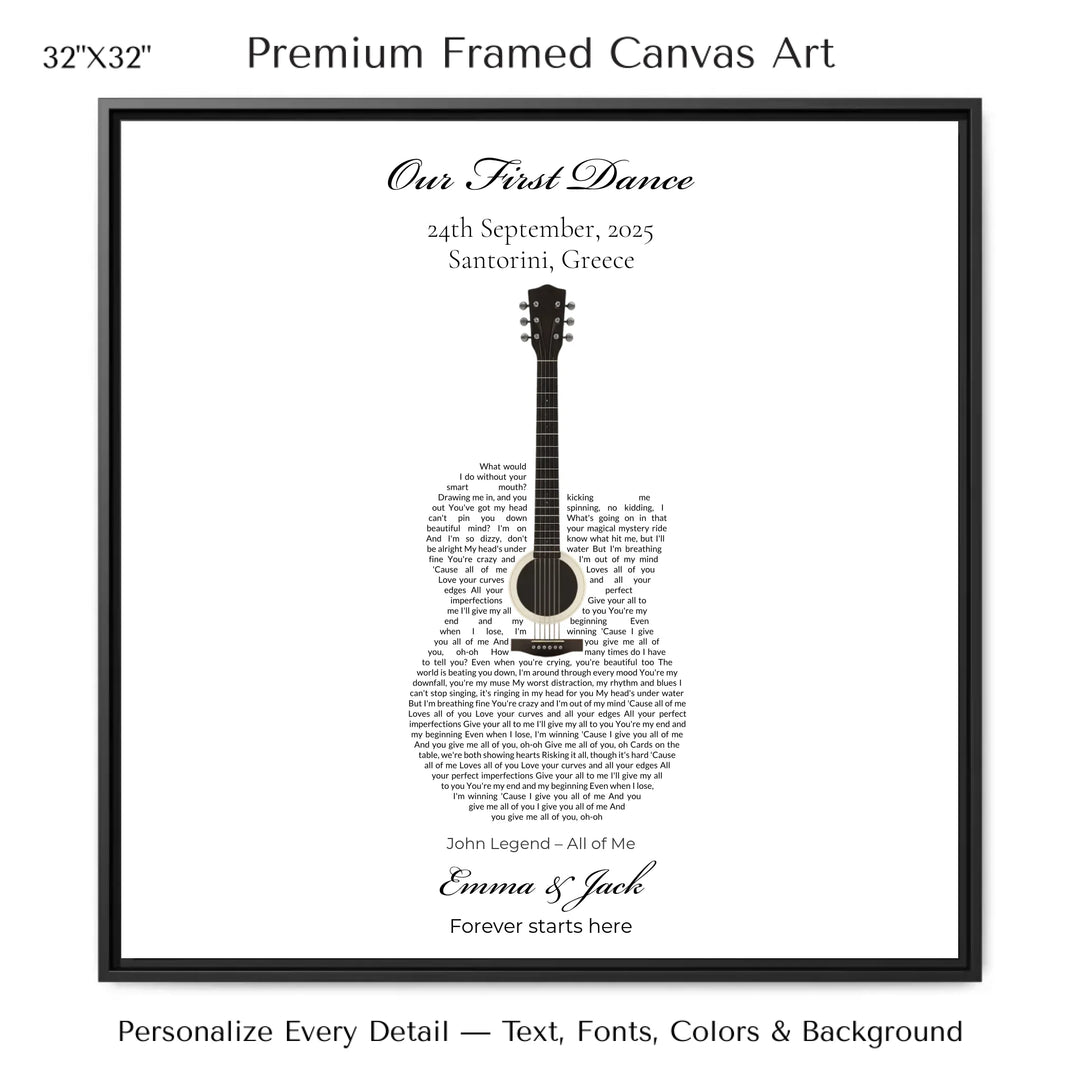 Custom Shaped Song Lyrics Wall Art personalized with song lyrics in heart shape-32x32 framed canvas-ARTFULANE