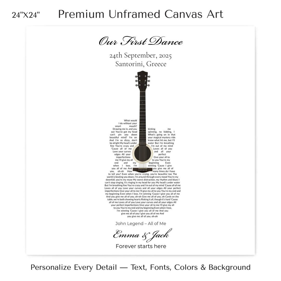 Custom Shaped Song Lyrics Wall Art personalized with song lyrics in heart shape-24x24 stretched canvas-ARTFULANE