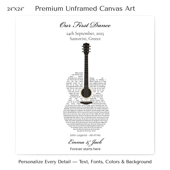 Custom Shaped Song Lyrics Wall Art personalized with song lyrics in heart shape-24x24 stretched canvas-ARTFULANE