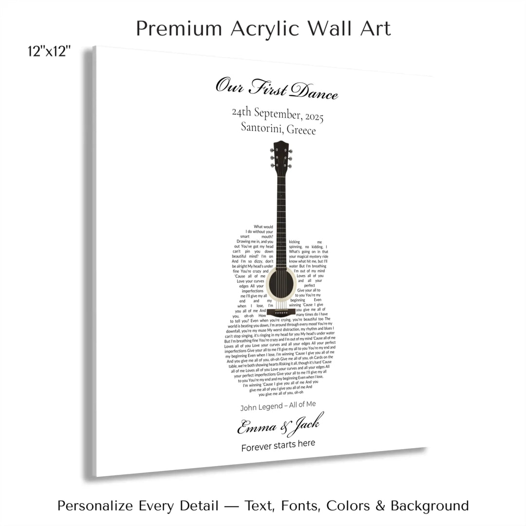 Custom Shaped Song Lyrics Wall Art personalized with song lyrics in heart shape-12x12 acrylic print with french cleat-ARTFULANE