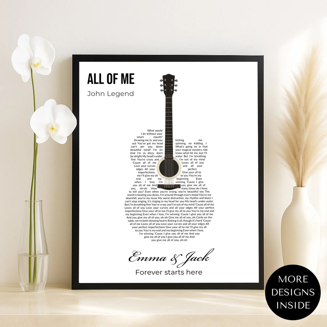 Custom Heart Song Lyrics Wall Art personalized with song lyrics in heart shape-framed canvas on table-ARTFULANE
