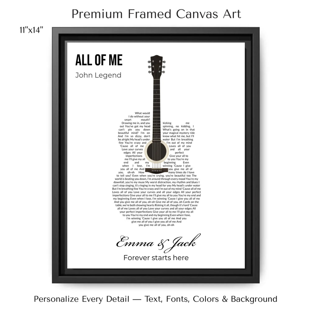 Custom Heart Song Lyrics Wall Art personalized with song lyrics in heart shape-11x14 framed canvas-ARTFULANE