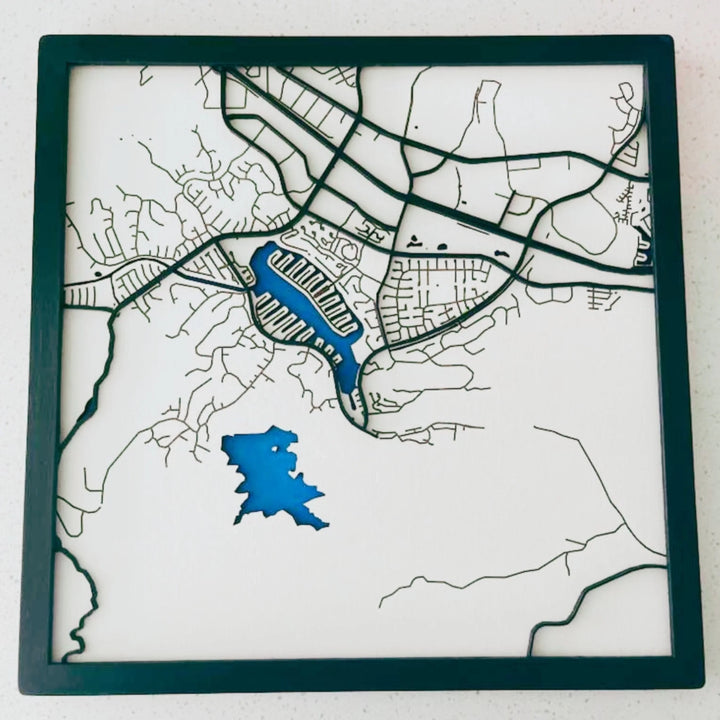 Handcrafted layered wooden map artwork with custom city streets, water and land layers, laser cut and hand painted, 11x11 inches-ARTFULANE