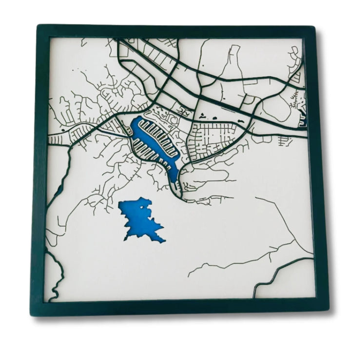 Modern wall décor featuring a custom layered wooden city map with black and white streets and painted water-ARTFULANE