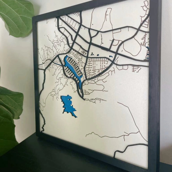 Side view of layered wood map wall art showing depth, hand-painted finish, and matte varnish-ARTFULANE