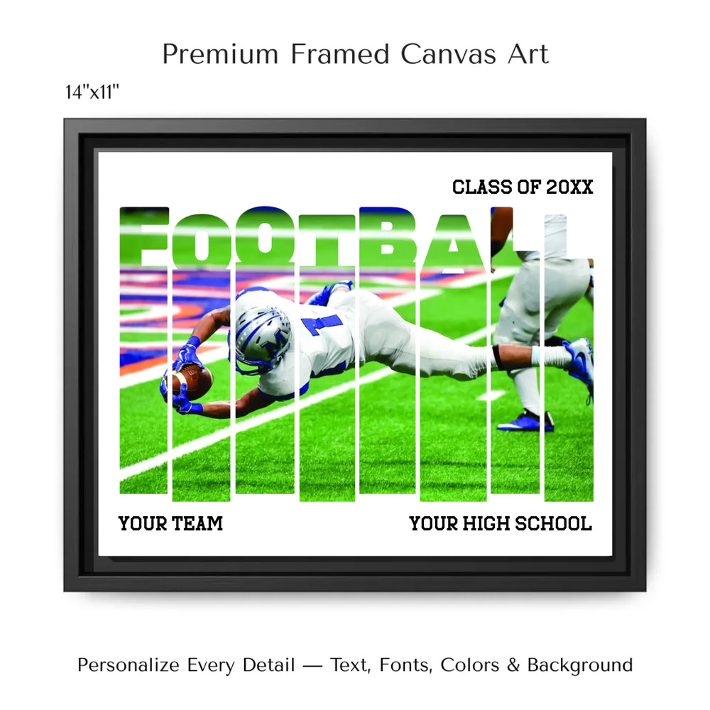 Custom photo football wall art with eight vertical photo panels spelling FOOTBALL, personalized sports wall decor-14x11 framed canvas-ARTFULANE