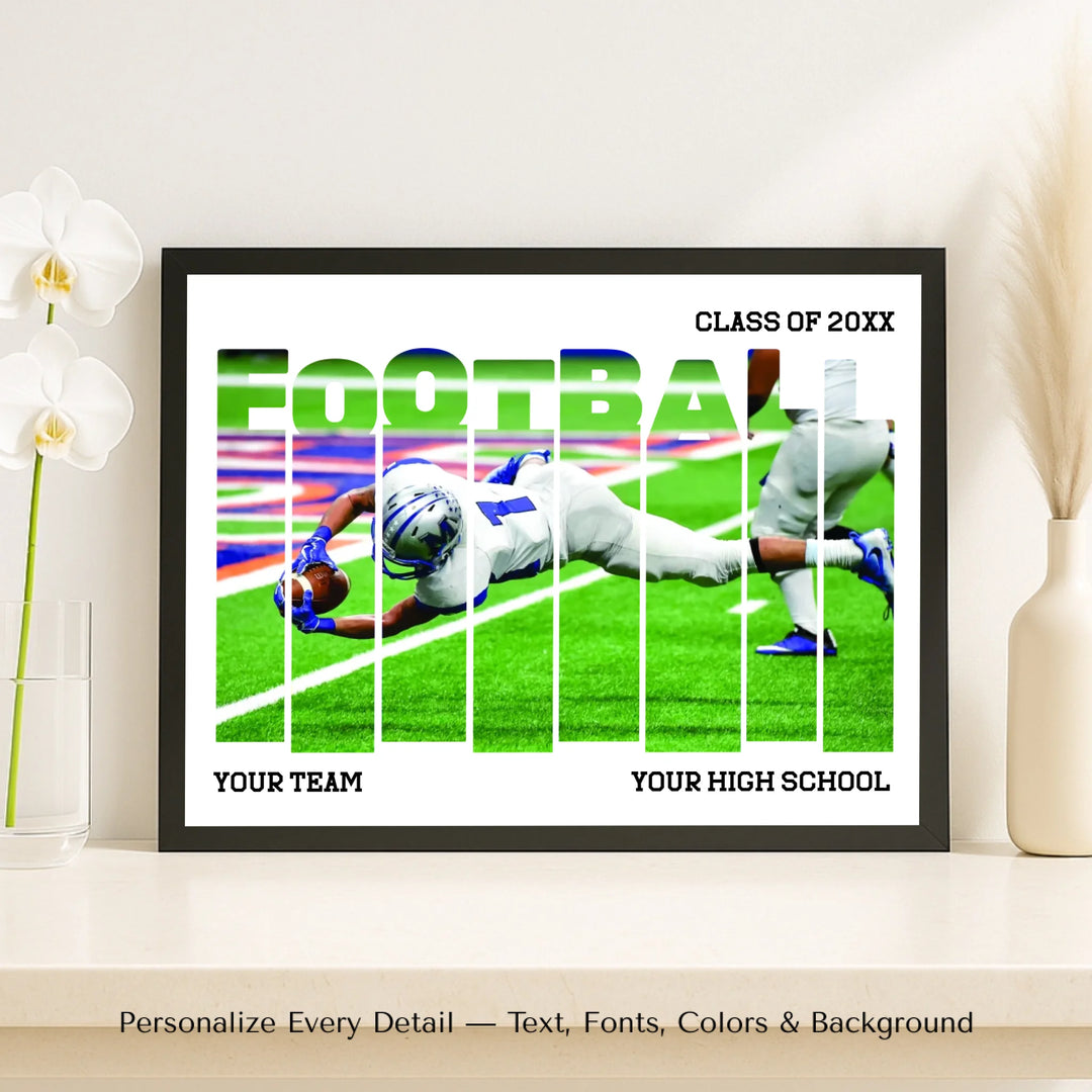 Custom photo football wall art with eight vertical photo panels spelling FOOTBALL, personalized sports wall decor-framed canvas on shelf-ARTFULANE