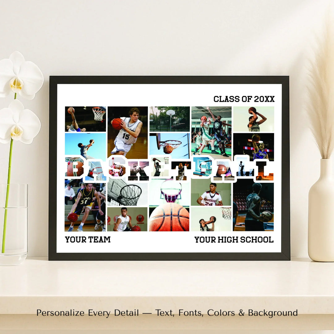 Custom photo basketball wall art with collage photos above and below BASKETBALL, personalized sports wall decor-framed canvas on shelf-ARTFULANE