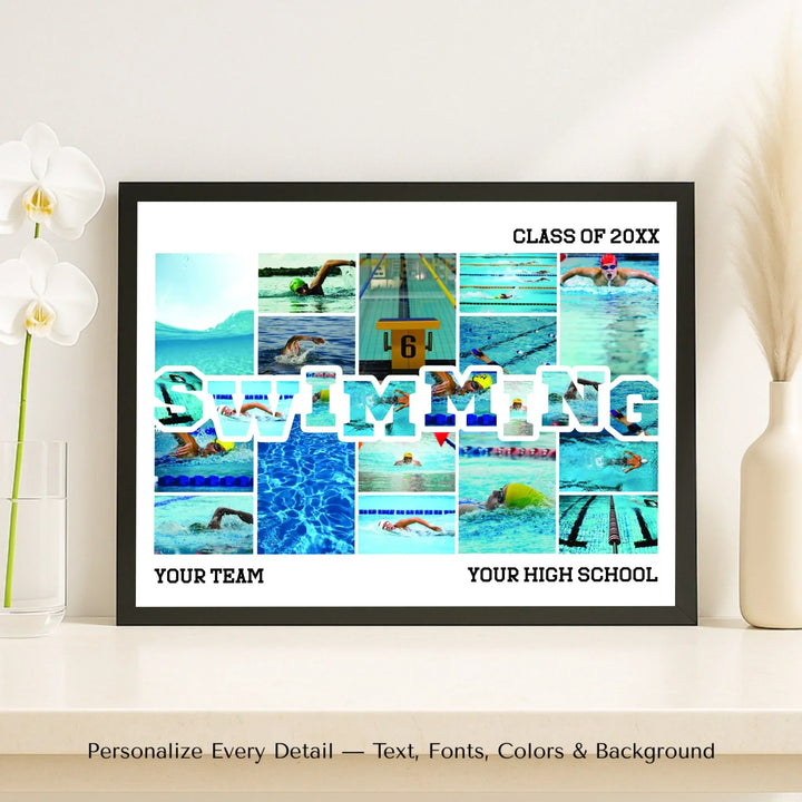 Custom photo swimming wall art with collage photos above and below SWIMMING, personalized sports wall decor-framed canvas on shelf-ARTFULANE