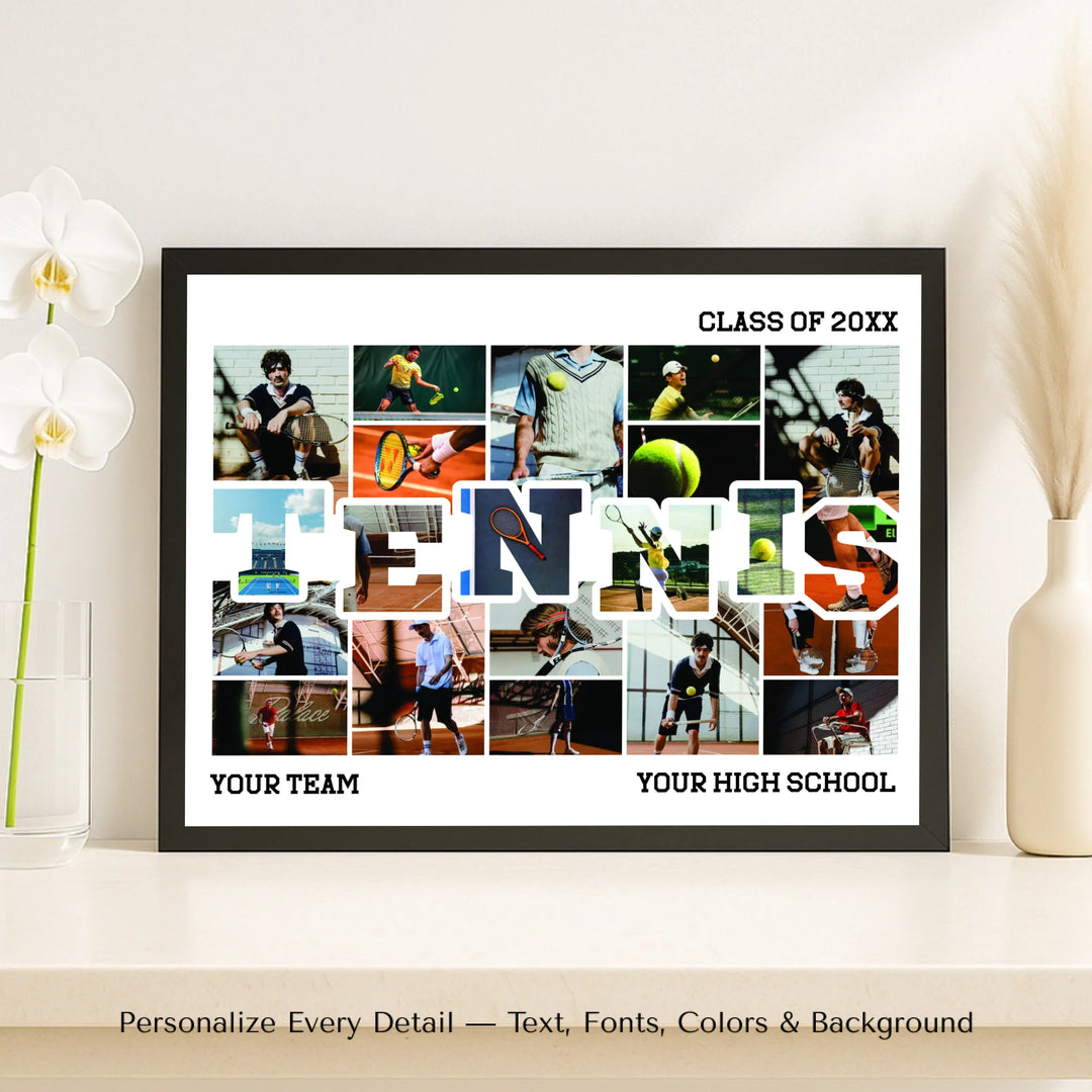Custom photo tennis wall art with collage photos above and below TENNIS, personalized sports wall decor-framed canvas on shelf-ARTFULANE