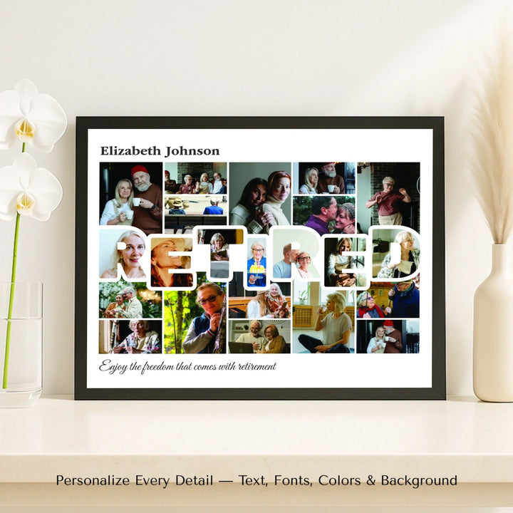Custom photo retired wall art with collage photos above and below RETIRED, personalized retirement wall decor-framed canvas on shelf-ARTFULANE