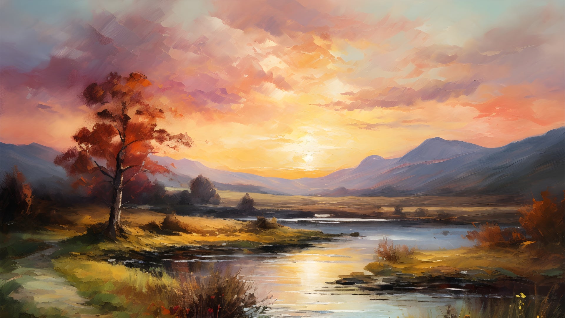 Painting of a serene landscape with a tree by a lake at sunset.