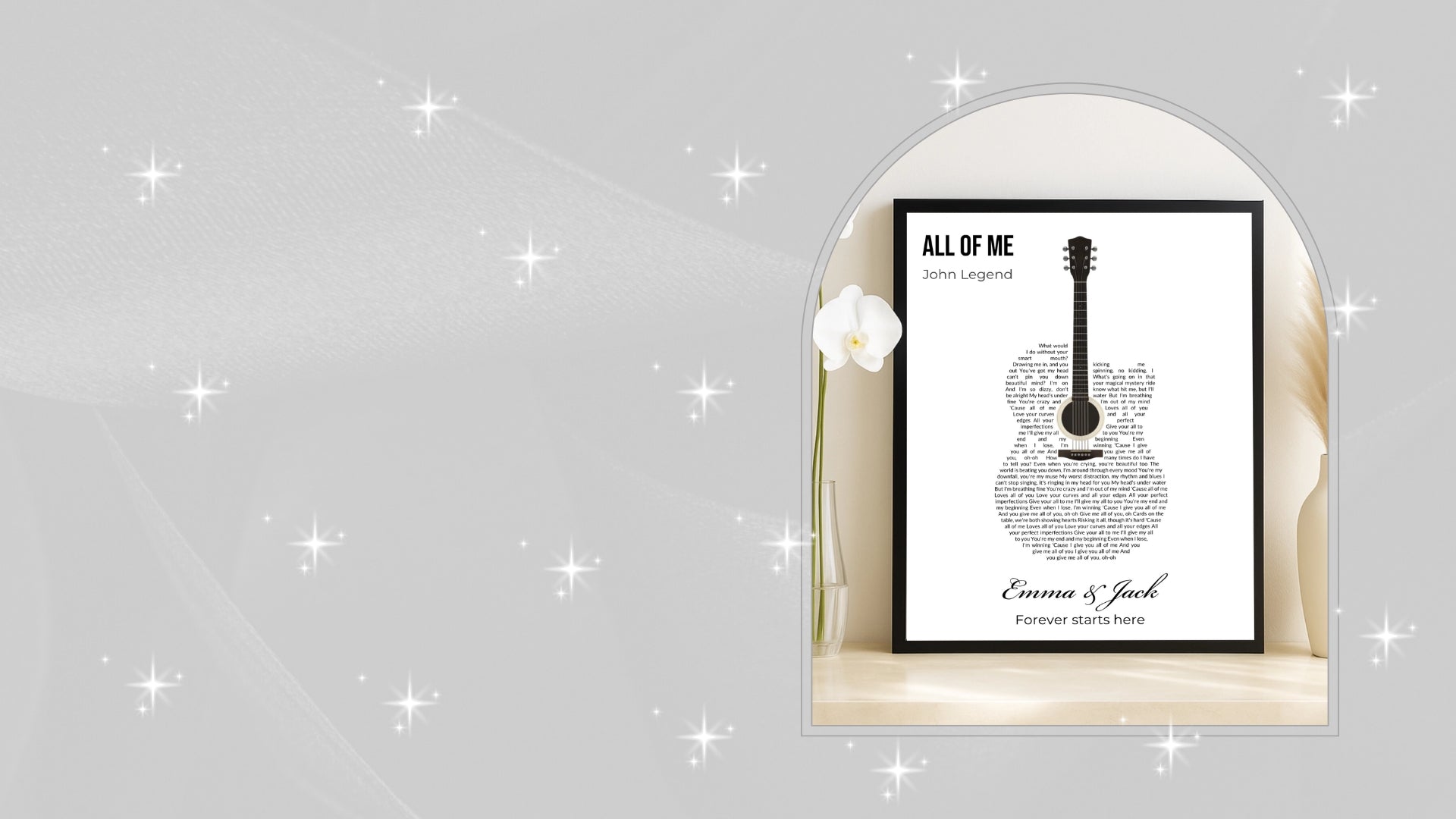 Framed guitar artwork with personalized text on a gray background