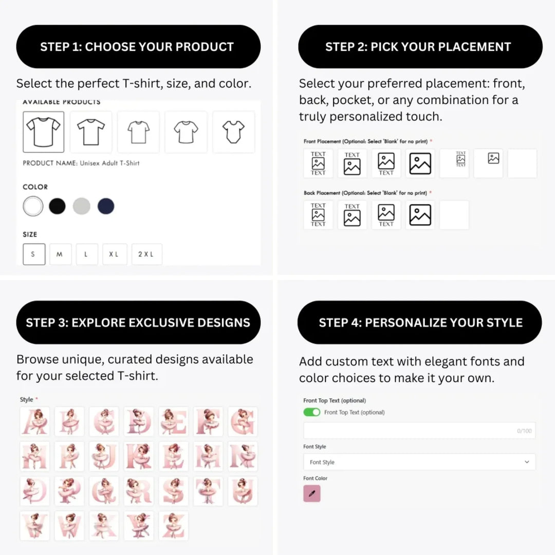 how-to-design-custom-Ballerina-Pink-Initial-t-shirt-personalization-options-artfulane
