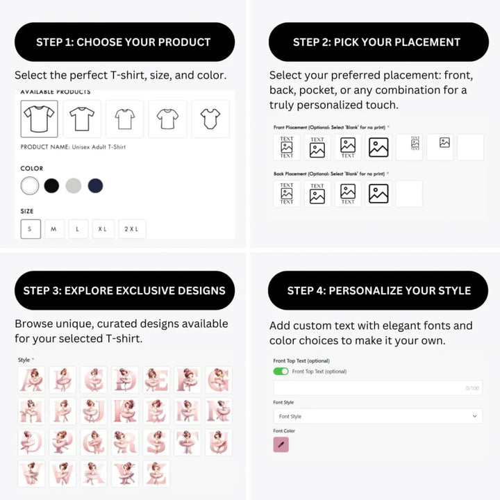 how-to-design-custom-Ballerina-Pink-Initial-t-shirt-personalization-options-artfulane