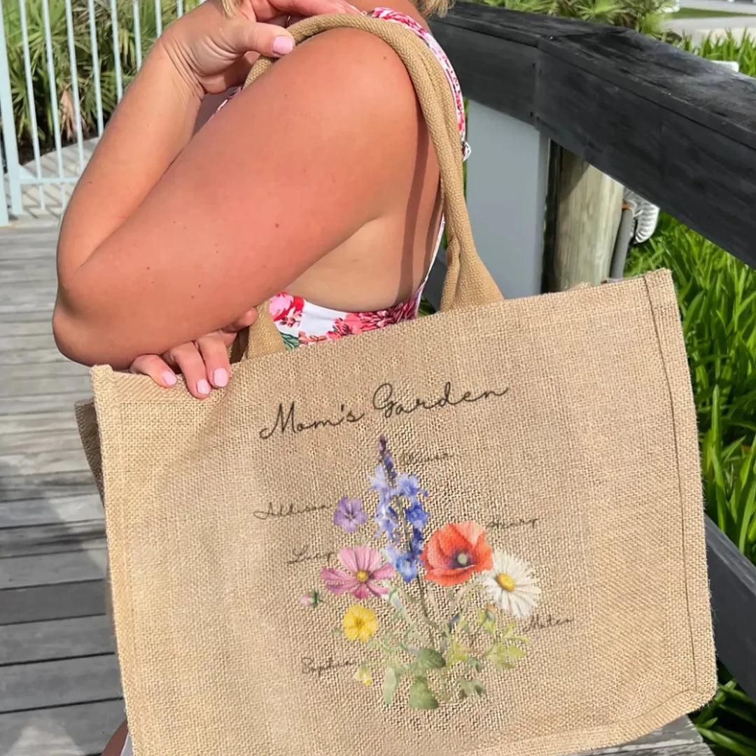Custom-Birth-Month-Flower-Bouquet-jute-tote-bag-on-model-artfulane